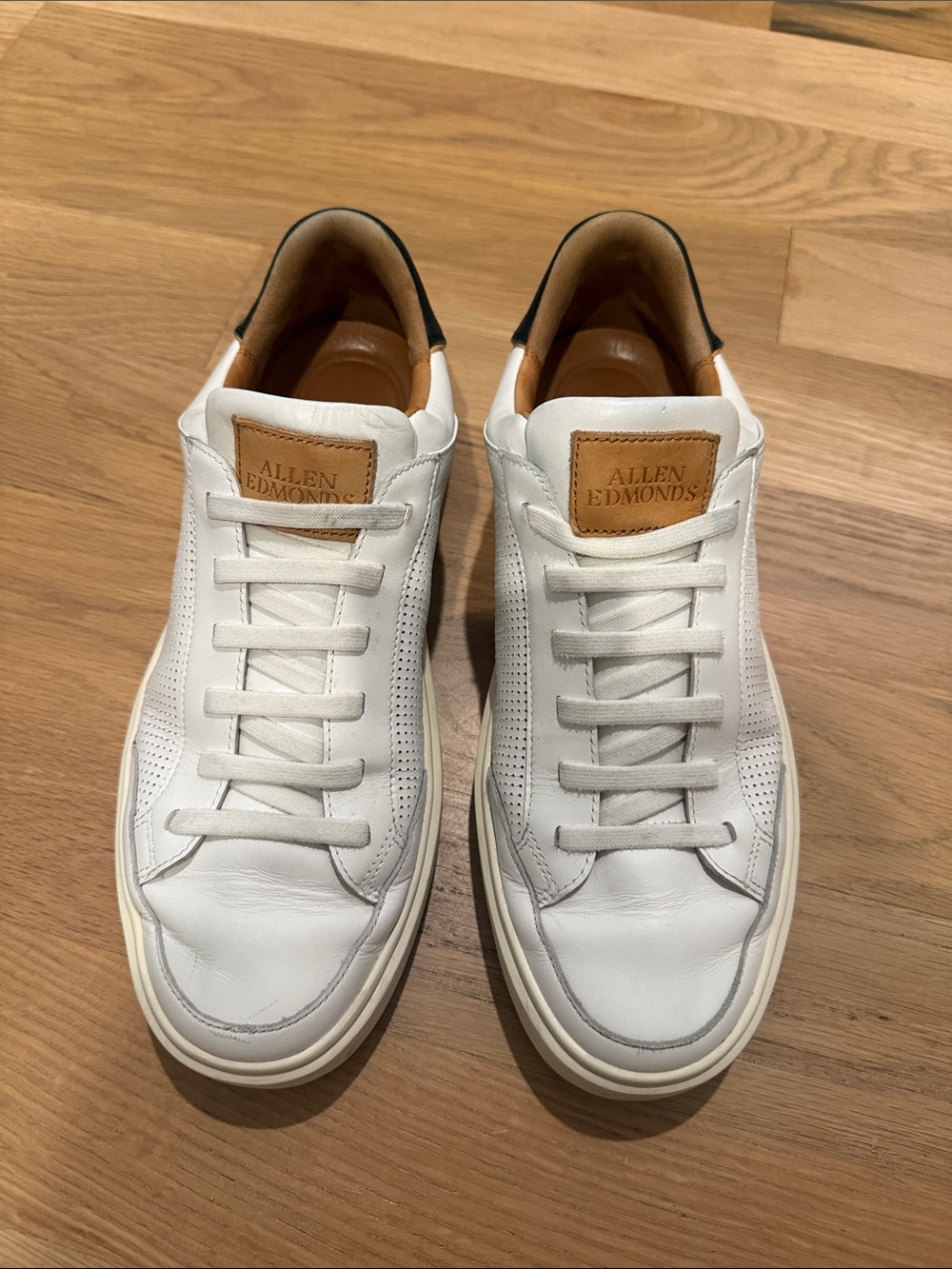 Allen Edmonds White Leather Sneakers with Tan Label and Black Heel